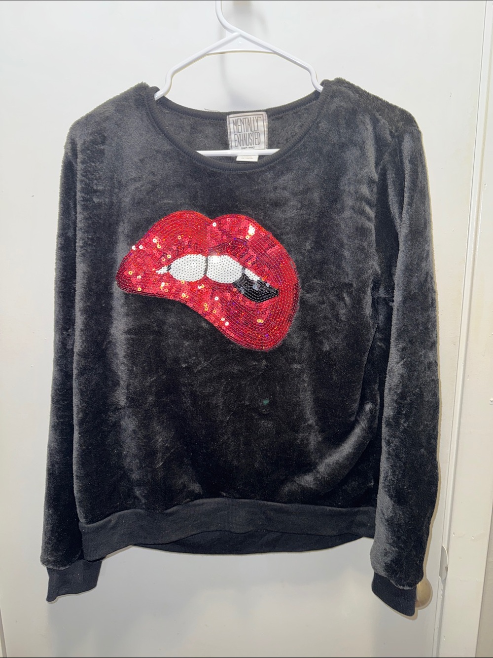 Mentally Exhausted Women's Black Plush Sweater with Red Sequin Lip Detail